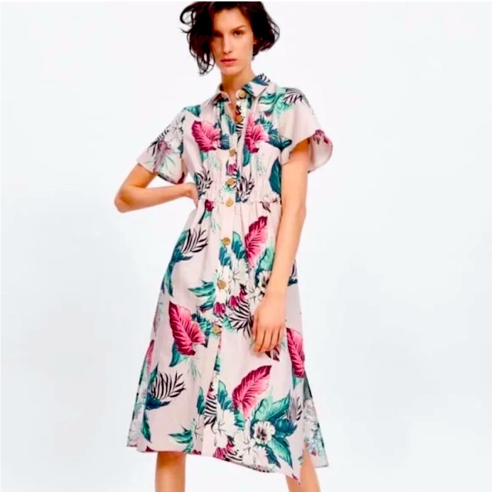 Zara tropical print pink linen midi dress Medium